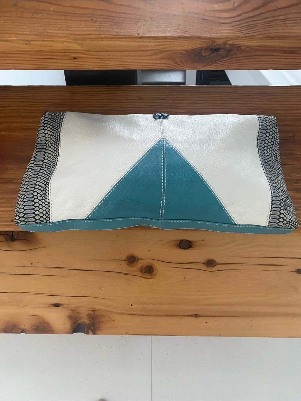 Neutral and Teal Envelope Clutch with Braided Accent